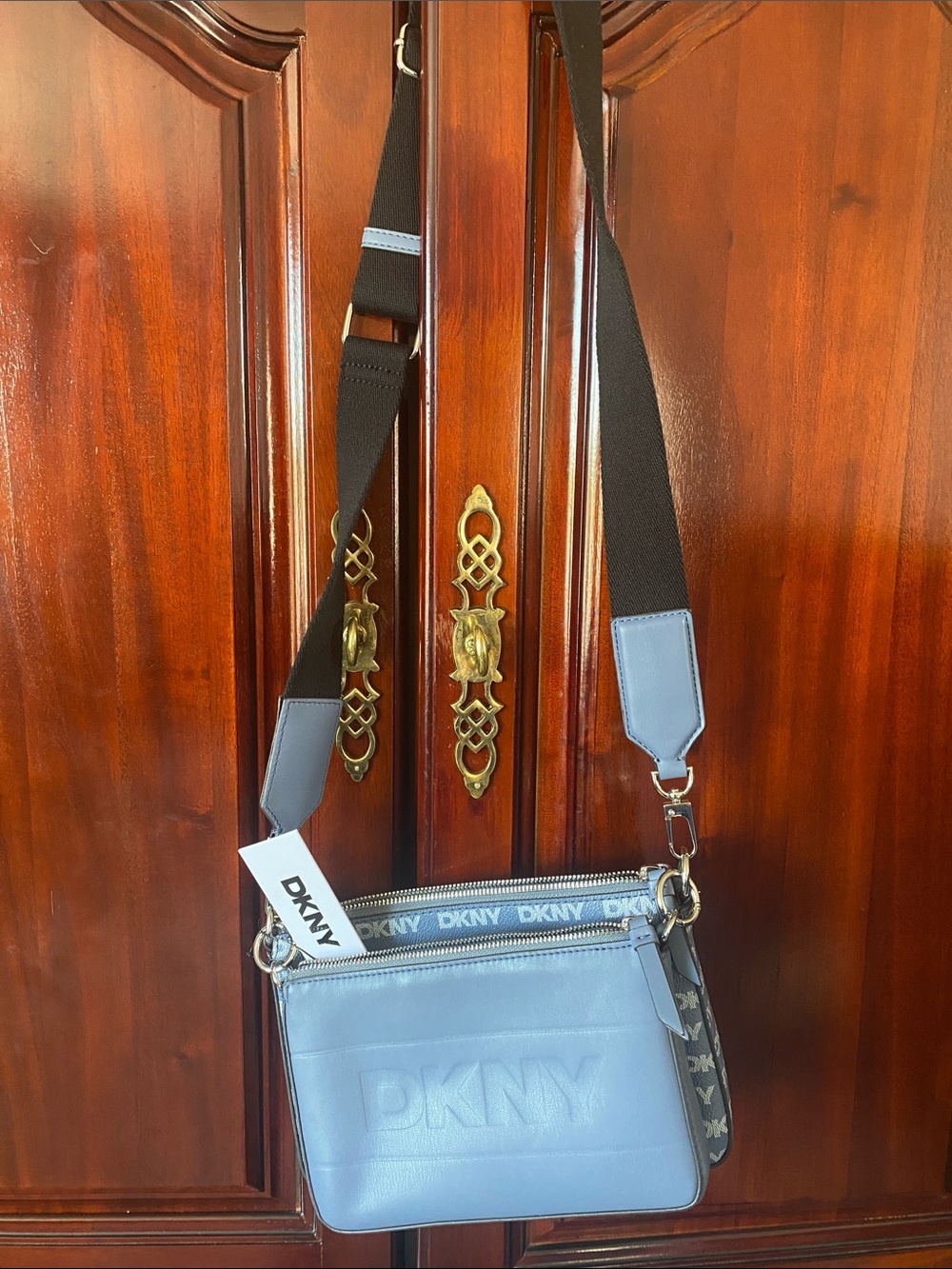 DKNY Powder Blue Leather Crossbody with Logo Trim